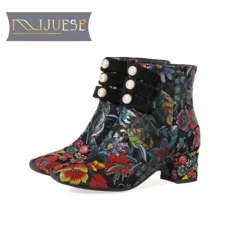 

MLJUESE 2019 women ankle boots Cow Suede zippers string bead flowers square toe high heels boots winter short plush warm boots