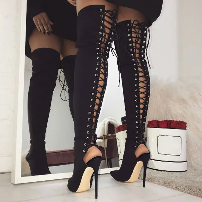 

Women Sandals Boots Women Lace Up Thin Heels Sandals Peep Toe Long Boots Plus Size 46