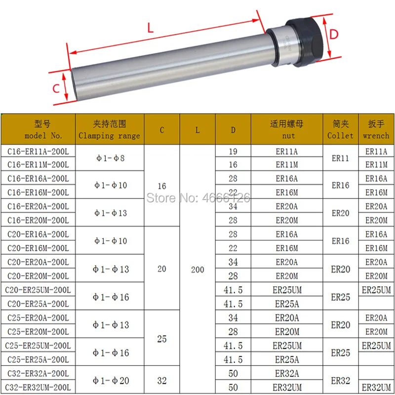 C16 C20 C25 C32 ER11 ER16 ER20 ER25 ER32 200L пружинная Цанга ER прямой хвостовик удлинитель для фрезерного станка с ЧПУ глубокой обработки