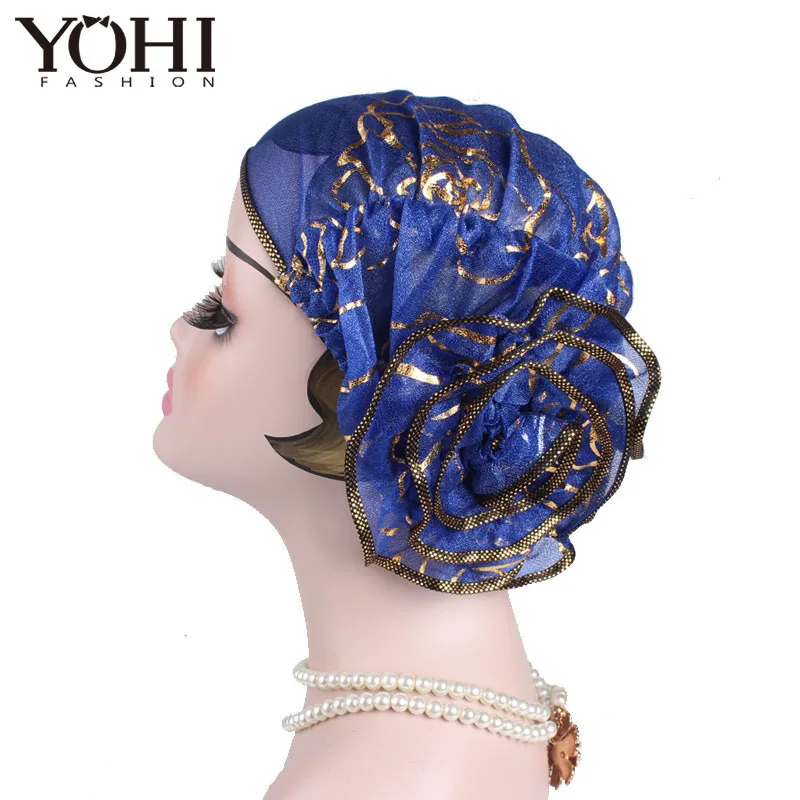 2018 Hot Sale Women Elegant king Flower Elastic Mesh Turban Chemo Cap Beanie Head Wrap Head Muslim Scarf