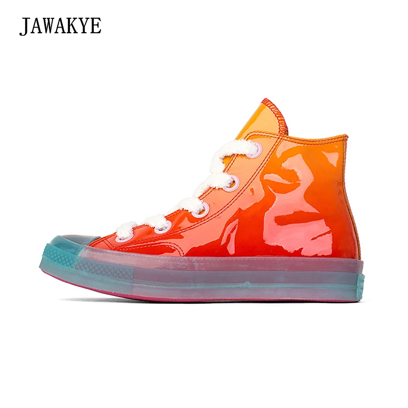 

JAWAKYE high shoes Woman 2018 new hip-hop canvas shoes candy frozen Orange gradient women thick bottom Casual Flats sport shoes