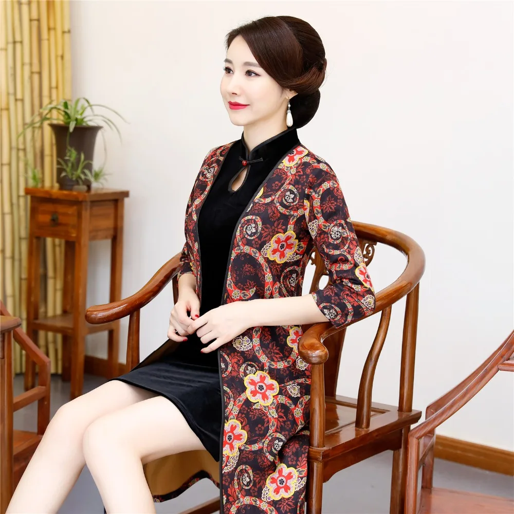 Шанхай история 2019 новая распродажа замшевой ткани пальто Китайская традиционная одежда черный Ципао китайское платье Чонсам комплект из 2