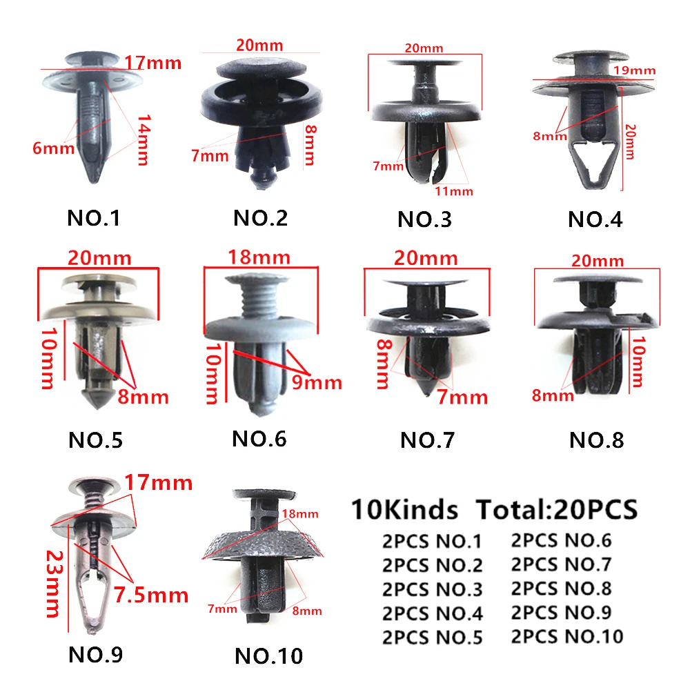 20 шт. смешанные универсальные 5 мм 6 мм 7 мм 8 мм 9 мм 10 мм отверстия пластиковые крепежные зажимы для всех автомобилей винтовые заклепки