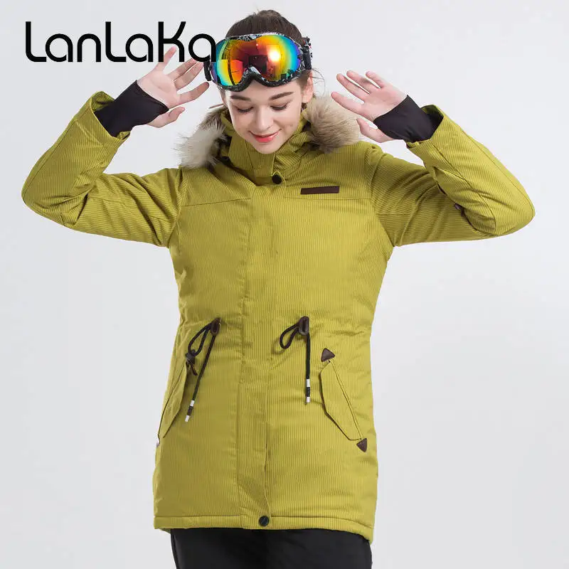 LANLAKA Fur Hooded Women Ski Jacket Mid length Style Waist Rope Winter