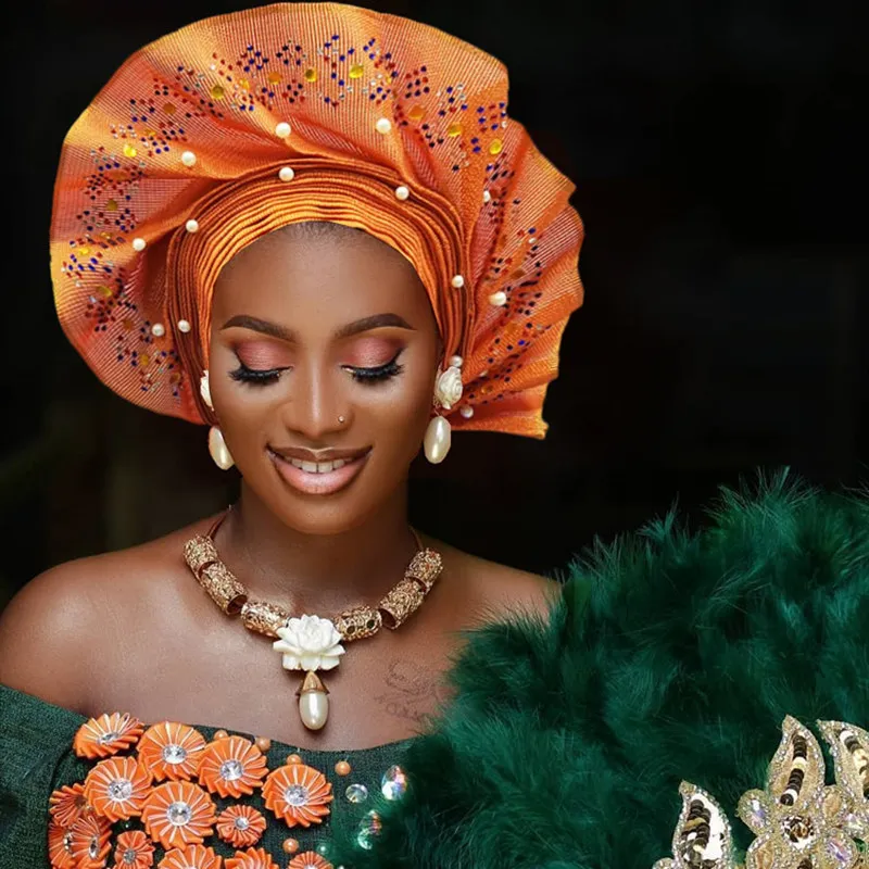 

AS043-2019 Newest Design African Aso Oke Auto Gele with Colorful Stones and Beads Women Headrap for Party and Wedding