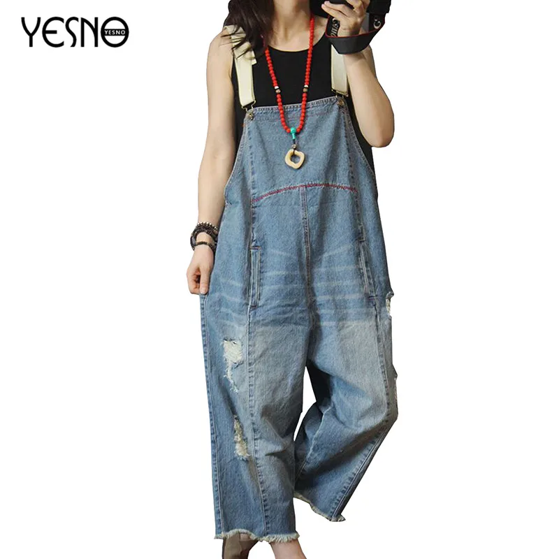 

YESNO P49 female jumpsuit Cropped plus size Pants Overalls patchwork Hole Distressed Casual Loose Wide leg Rompers Womens