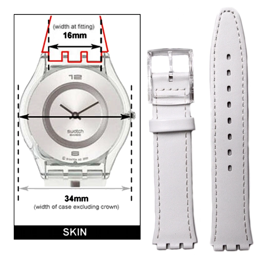 

16mm Genuine Leather Replacement White Watch Band fits S w a t c h Skin WB1068C16GB