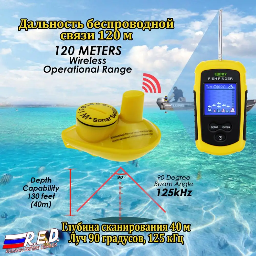 محظوظ FFCW1108-1 الروسية النسخة اللاسلكية fishfinder LCD اللون عرض 40 m مدى عمق fishfinder صياد السمك محظوظ صياد السمك