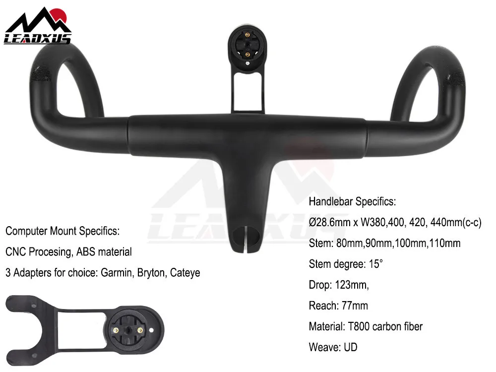 

LEADXUS Integrated Carbon Handlebar With Gar min/Bryton/Cateye Mount Road Bike Handlebar Road Bicycle Handlebar 38/40/42/44cm