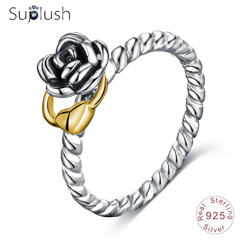 

Suplush 925 Sterling Silver Finger Rings Rose Flower with Gold Color Heart Charm for Women Sterling Silver Jewelry PSRI0013-B