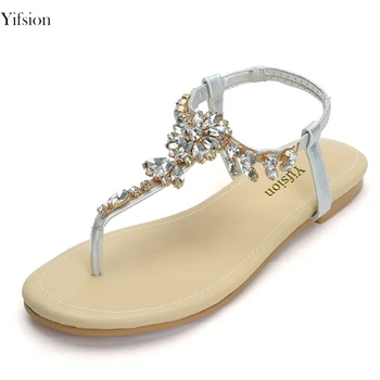 

Olomm New Women Sandals Gorgeous Rhinestone Shoes Square Low Heel Flip Flop Sandals Silver Prom Shoes Women US Plus Size 4-15