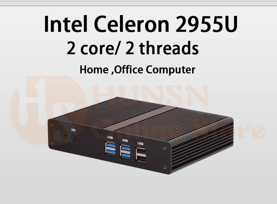 Безвентиляторный мини-ПК, конвертер, Intel Celeron 2955U, Windows 10/Ubuntu, серебристый, [HUNSN BM05], (WiFi/VGA/1 HDMI/4USB3. 0/2USB2. 0/1LAN)