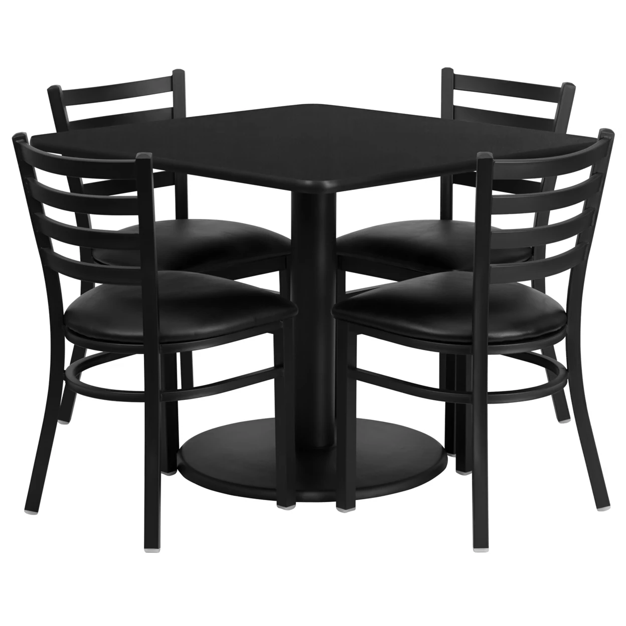 

Flash Furniture 36'' Square Black Laminate Table Set with 4 Ladder Back Metal Chairs - Black Vinyl Seat [863-RSRB1013-GG]