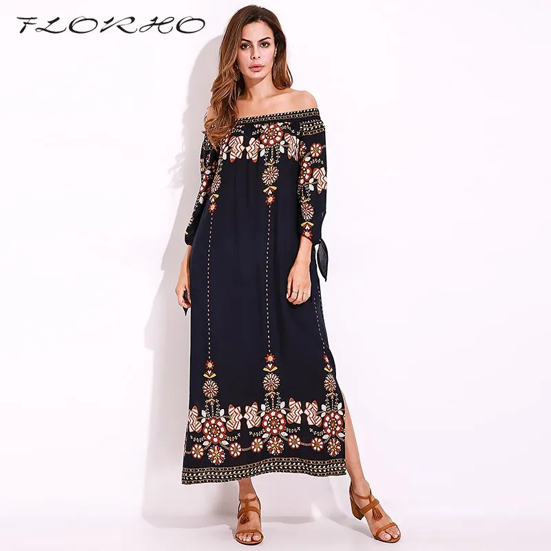 

FLORHO Flower Print Long Dress Ethnic Vintage Style Women Maxi Dresses Long Tie Sleeve Bardot Off Shoulder Sexy Long Shift Dress