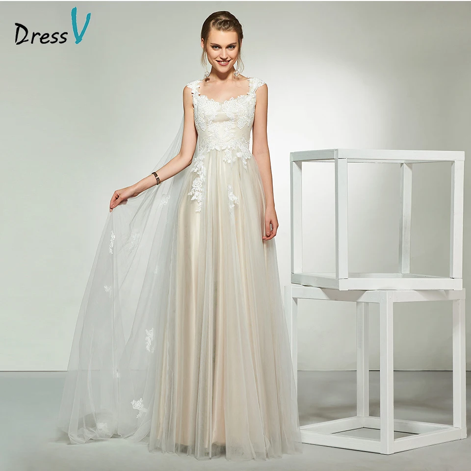 Dressv Elegant Ivory Scoop Neck Appliques Lace Cap Sleeves Wedding