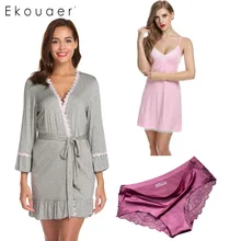 Ekouaer 3 шт./упак. Для женщин, ночное белье, пижама с длинными рукавами рубашки и платья, кружевное белье Ночные рубашки для девочек; Привлекательные кружевные трусы комплекты ночные рубашки
