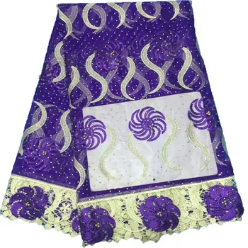 

Purple Nigerian french net lace tulle embroidered african lace fabrics with stones beads 5yards/lot HJ849-2