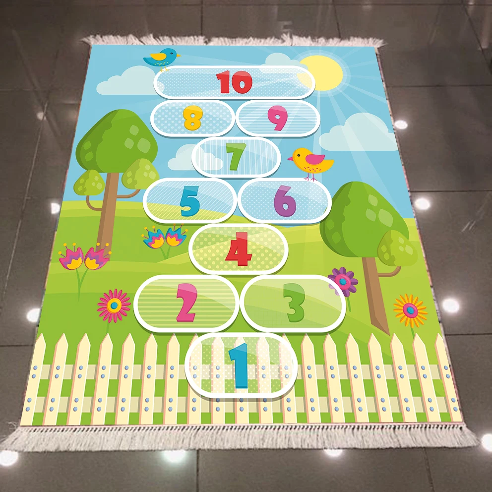 

Else Educational Numbers Green Floral Hopscotch Game 3d Print Anti Slip Back Washable Decorative Kilim Kids Room Area Rug Carpet