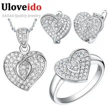 Uloveido SilverJewelry комплекты Цепочки и ожерелья ювелирных изделий серьги кольцо в форме сердца со стразами набор ювелирных украшений для невесты аксессуары для венчания T003