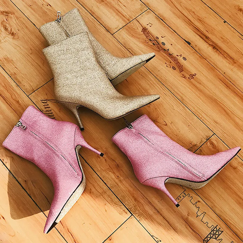 

Sexy Stiletto Ankle Boots Women Party Pointy Toe Dress Shoes Woman Sequins Elegant Solid New Design Short Booties High Heels 40