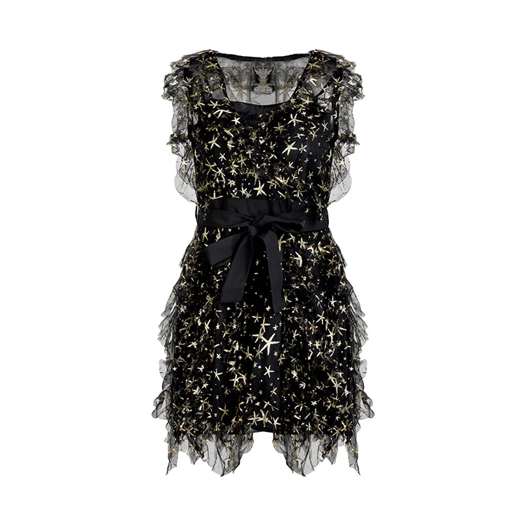 

Designer Dress 2018 Black Square Collar Sleeveless Mini Women Dress Stunning Mesh Holiday Dress With Gold Stars 80135
