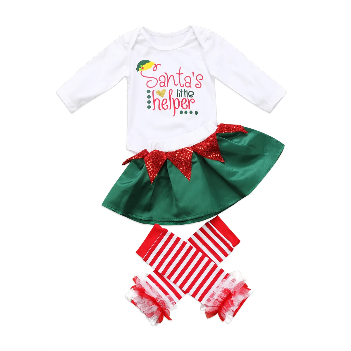 

Newborn Baby Girls Christmas Clothes Santa Romper+mini skirt+Christmas striped stockings Clothing Outfits Set
