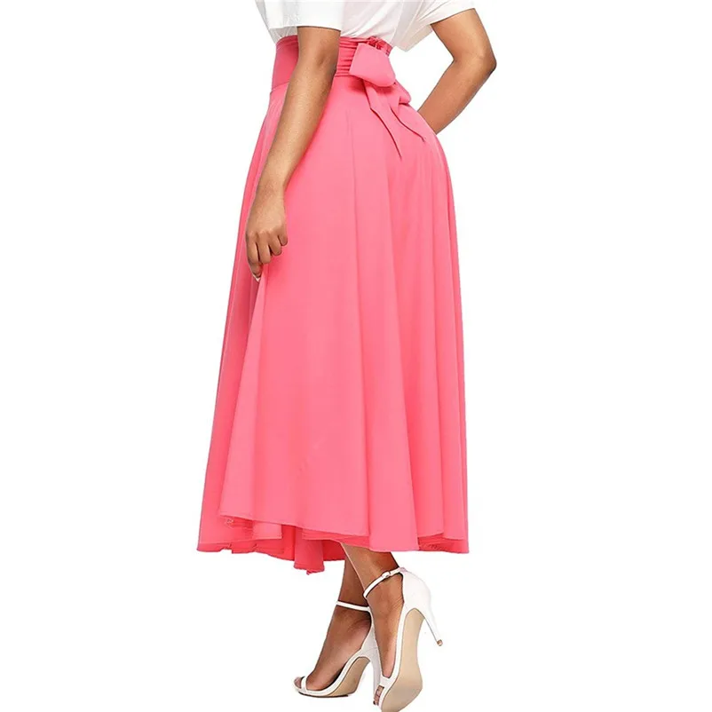 HOT sell Fashion 2018 Summer style skirts womens High Waist Pleated Long Skirt Front Slit Belted Maxi Skirt Femme Saia A16#N (8)