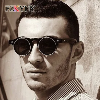 

FZKYNY Flip Up Sunglasses Vintage Steam Punk Men Women Brand Designer Sunglasses Classic CIRCLE SUN GLASSES Round UV400 Eyewear