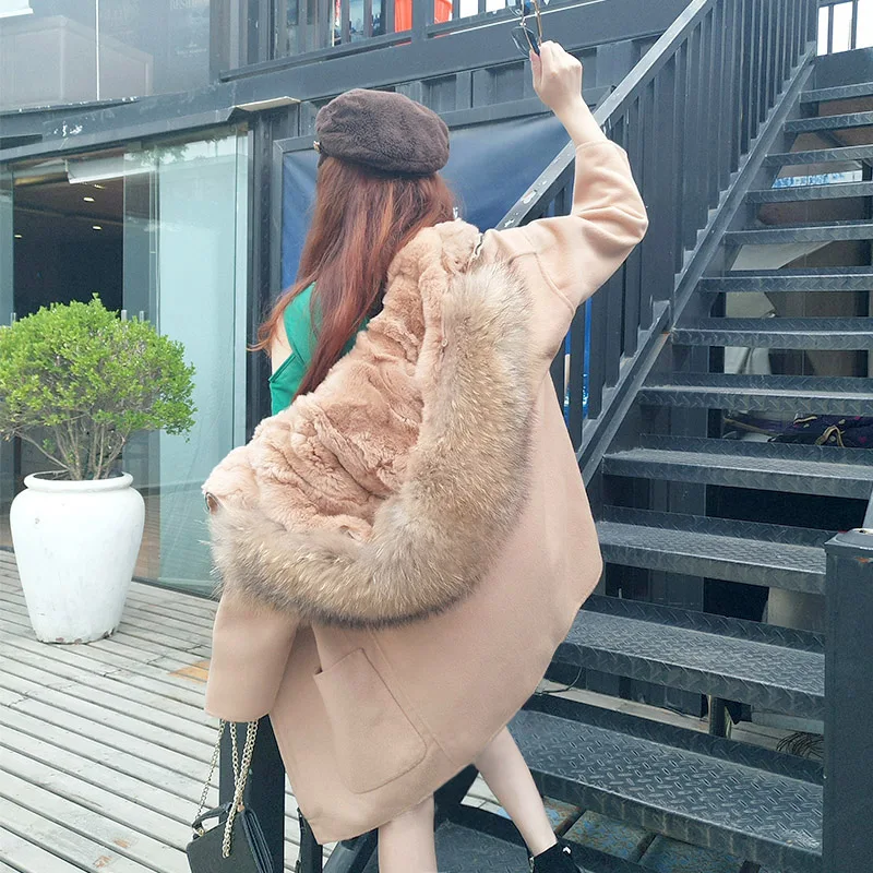 2018 nueva moda invierno Parka lana cachemir abrigo de piel para mujer abrigo cuello con capucha Rex piel de conejo forro de calidad superior - 5