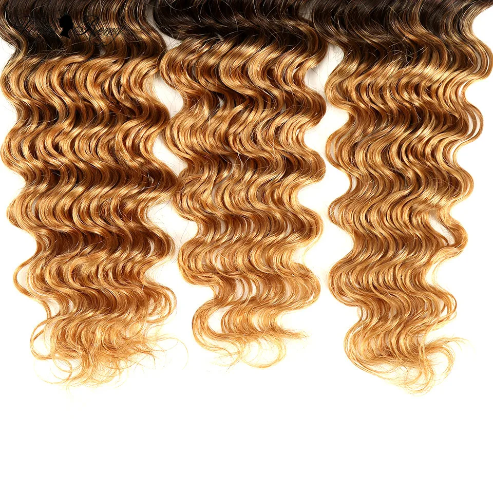 Queen Virgin Remy Deep Wave Bundles Ombre Brazilian Human Hair Weave Bundles T1B/4/27 Honey Blonde Hair Extensions 1 3 4 Bundles