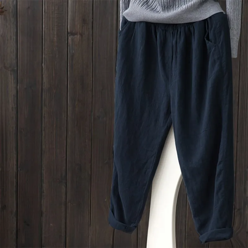 

S 5XL 2019 ZANZEA Casual Vintage Solid Elastic Waist Cotton Linen Long Pencil Pantalon Women Retro Cotton Linen Harem Pantalon
