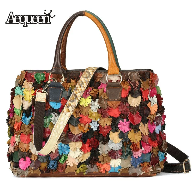 

AEQUEEN Genuine Leather Colorful Flower Patchwork Women Handbags Ladies Tote Crossbody Bag Shoulder Bags Random Color Large