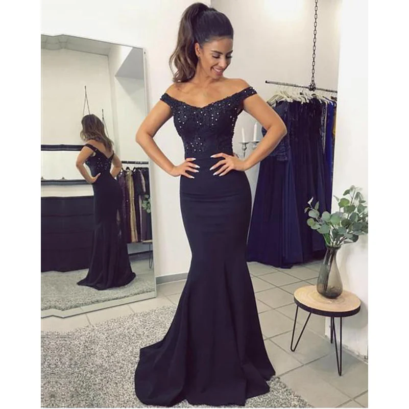 

2019 Elegant V-neck Burgundy Red Black Blue Long Mermaid Prom Dresses Off Shoulder Lace Beaded Backless Evening Gowns