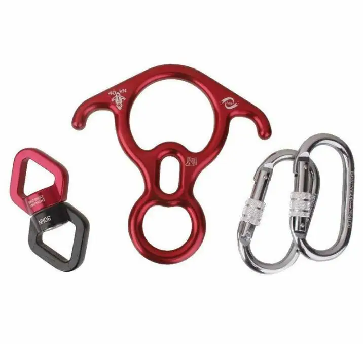

5 Kits Climbing Hardware Safest Complete Sets Mountaineering Rope Swivel + 2 x Steel Lock Carabiners + Rescue Figure 8/Descender