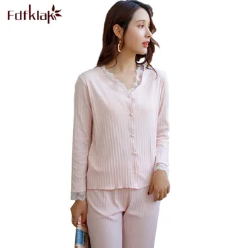 

Fdfklak pyjama femme sexy v-neck pajamas for women cotton pajama set autumn winter sleepwear home clothes pijamas women suit