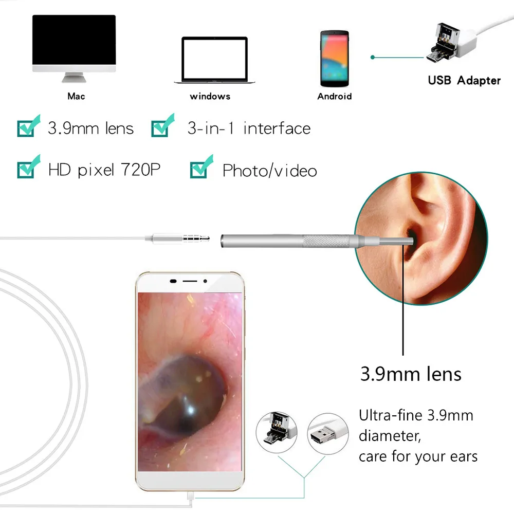 Ушной эндоскоп диаметр 3,9 мм Портативный Бороскоп 3 в 1 USB ушной инструмент для очистки HD визуальная Ушная ложка ушной раковины удаление с мини-камерой
