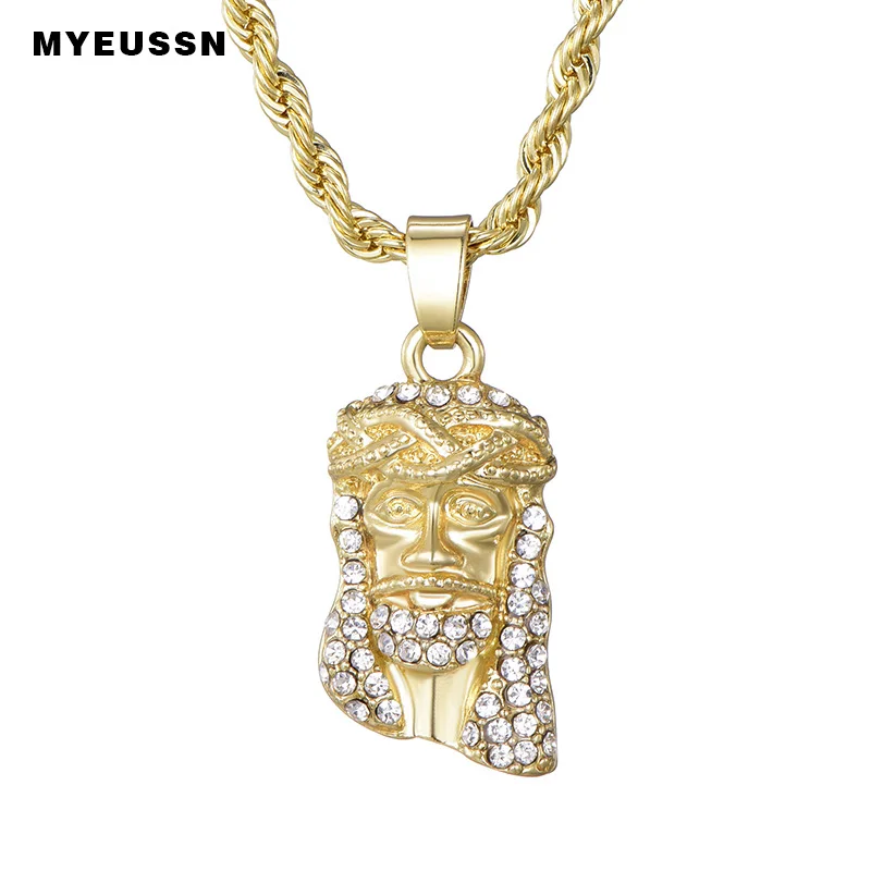 Подвеска в виде головы Иисуса Христоса для мужчин, блестящее золотое/серебряное ожерелье с цепочкой, ювелирные изделия в стиле хип-хоп