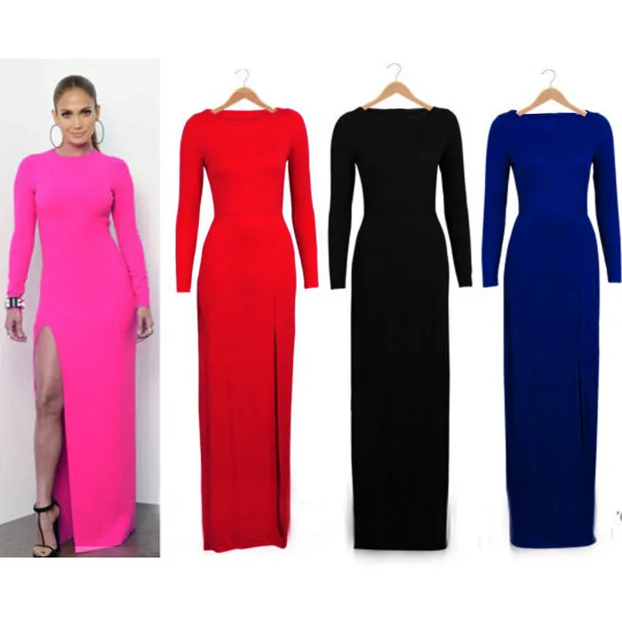 

split long sleeves, long dress, jlo dress, red pink black J-Lo Long Sleeve Leg dress Jennifer Lopez American Pink Long Sleeved