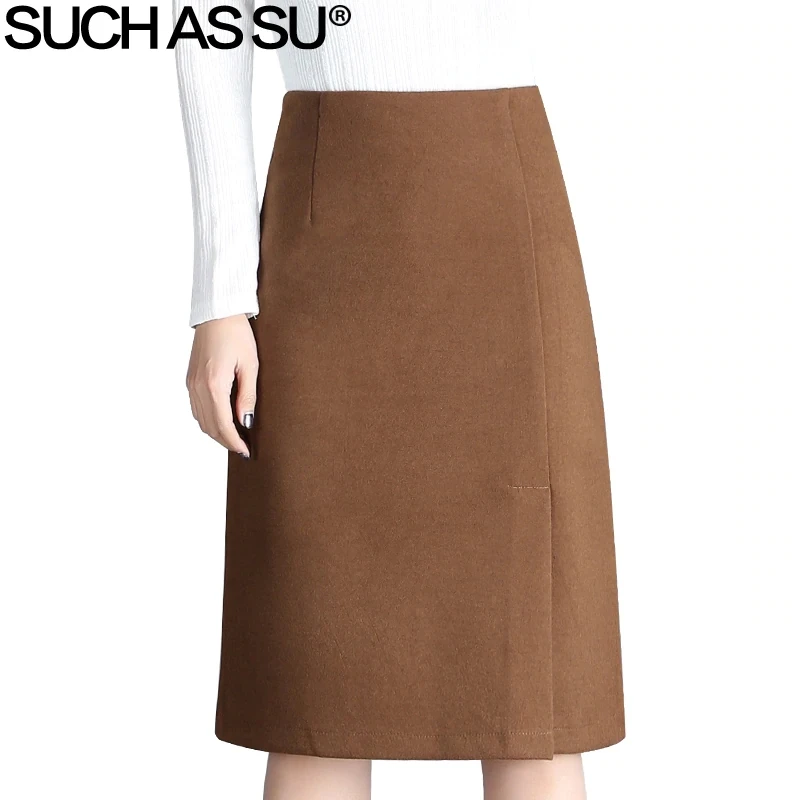 New Woolen A Line Skirts Women 2018 Black Brown Coffee Knee Length High