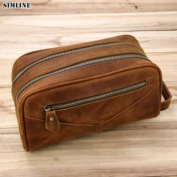 

Genuine Leather Clutch Bags Cosmetic Bag For Men Vintage Toiletry Case Travel Bag Hand-held Make Up Wash Bag Male Man