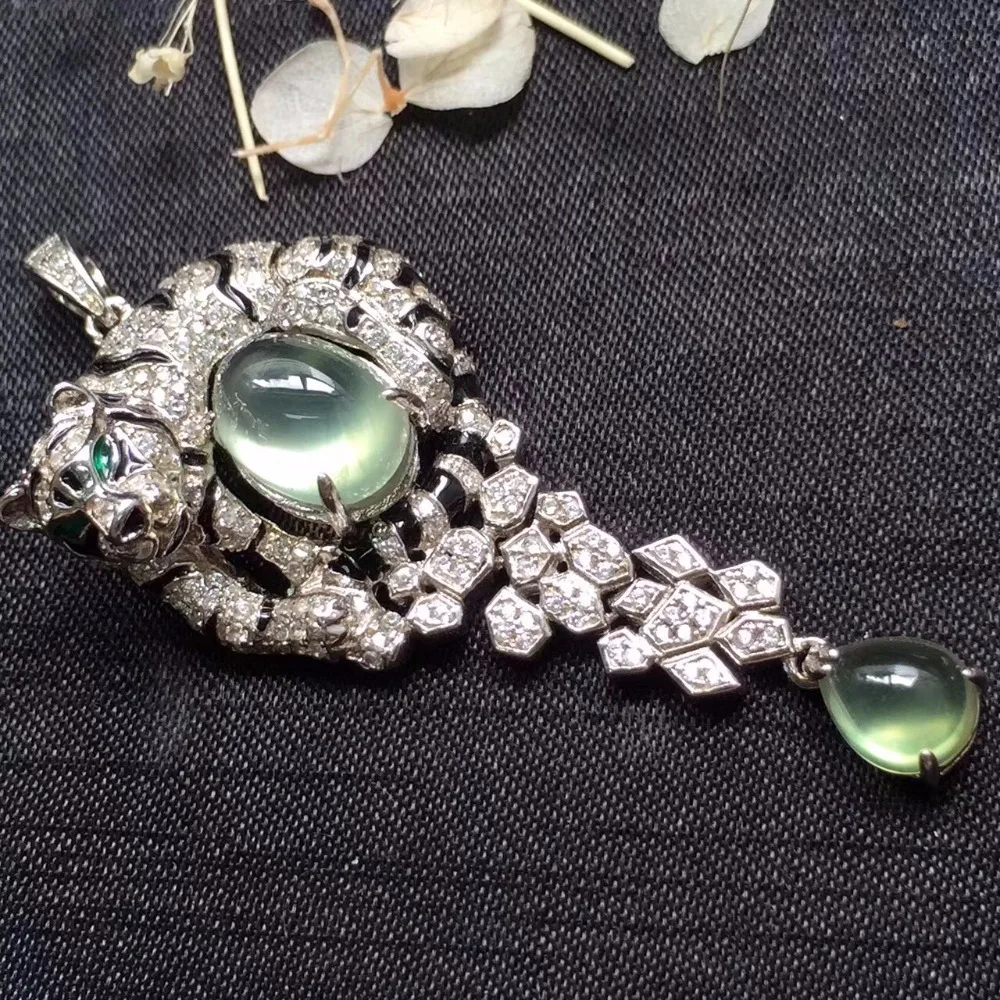 

Fine Jewelry Real 925 Steling Silver s925 100% Natural Prehnite Gemstone Leopard Shape Female Pendant Necklaces Christmas Gift