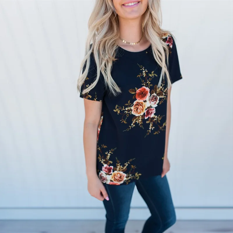 إمرأة قمم و البلوزات 2018 مخصص اللون الصيف بلوزة قصيرة الأكمام يا الرقبة زهرة المطبوعة الشيفون قميص blusa الأنثوية YE1