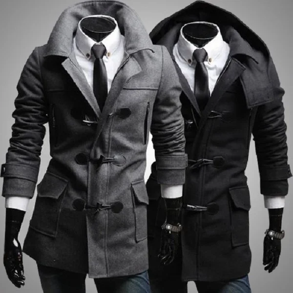 

Gray Detachable Hat Fashion Men Middle Length Casual Cool Button Coat
