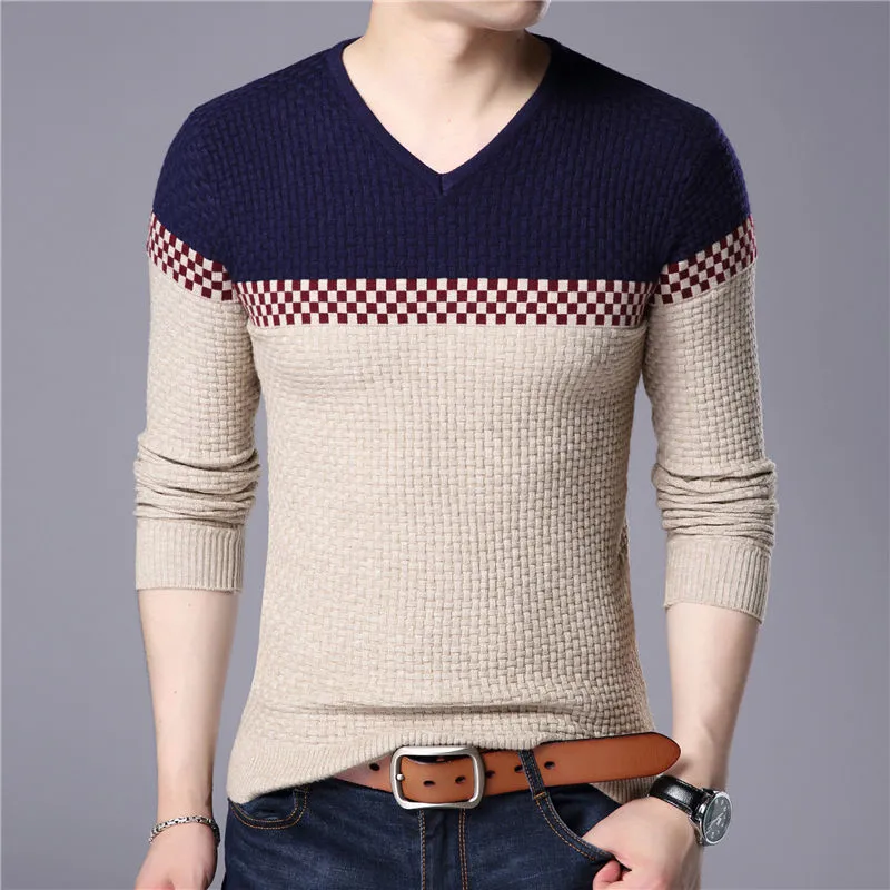 2018 Autumn Winter Brand Sweater Warm Wool Sweaters Casual Hit Color Patchwork V-neck Pullover Men Slim Fit Cotton | Мужская одежда