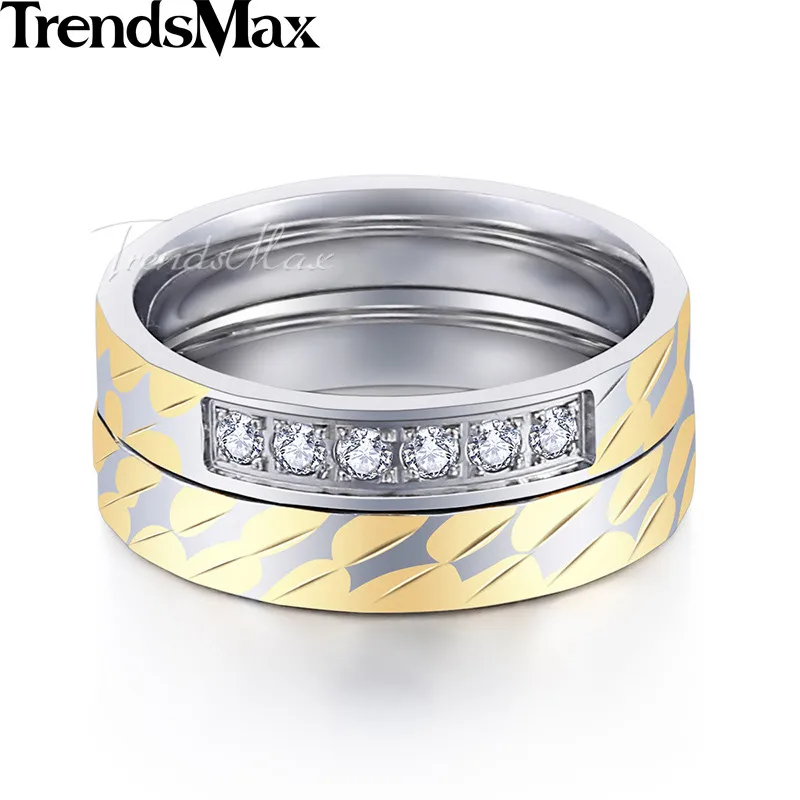 Trendsmax Rhombus Pattern Ring Set Womens Girls Stainless Steel Paved Rhinestones Gold Silver Tone 4mm KKR117