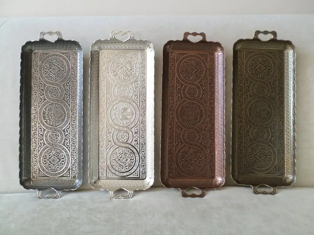 

Authentic Turkish Coffee Tea Zamak Serving Tray Copper Handmade Ottoman Motif