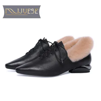 

MLJUESE 2019 women snow boots Cow leather+Rabbit hair Rome style pointed toe winter plush boots women ankle boots size 34-42