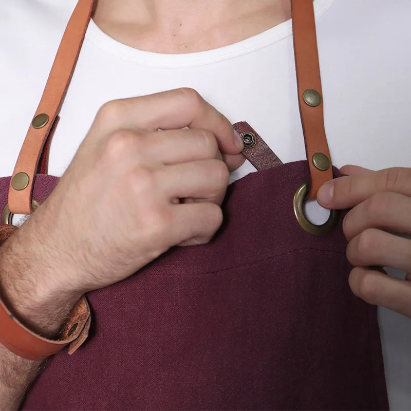 WEEYI Linen Cooking Apron For Woman Men With Leather Strap Unisex Bartender Bakers Painters Barista Kitchen Aprons delantal