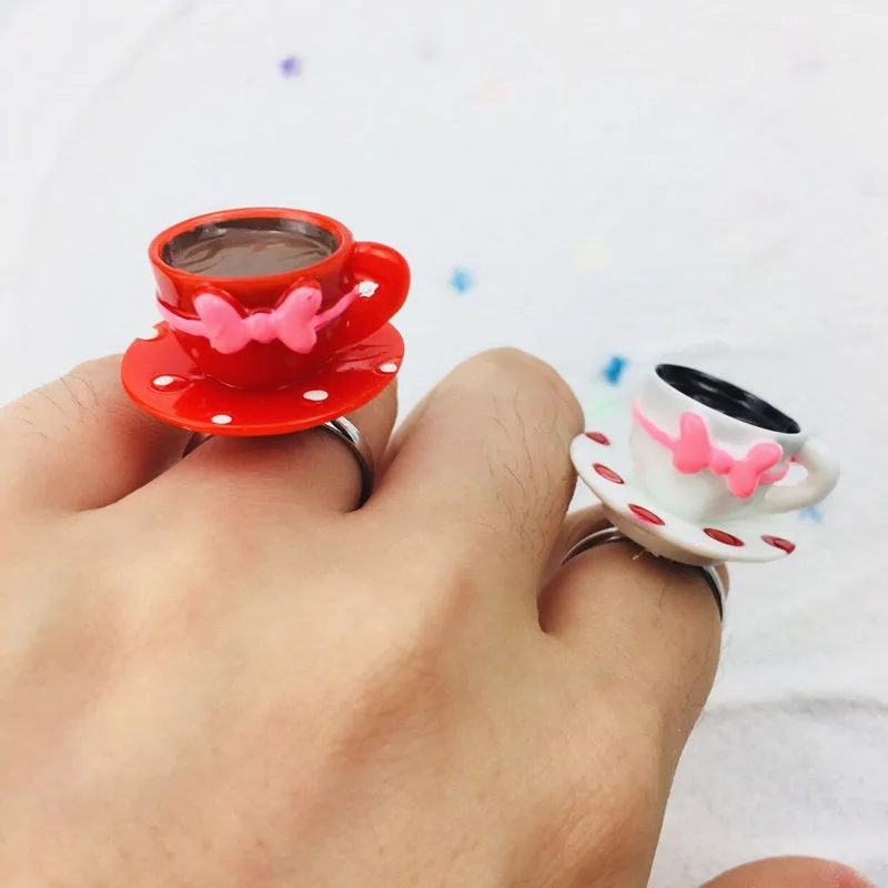 

Adjustable Women Coffee Cup Rings Creative Cartoon Kawaii Designs Retro Ring Resin Fashion Jewelry Rings