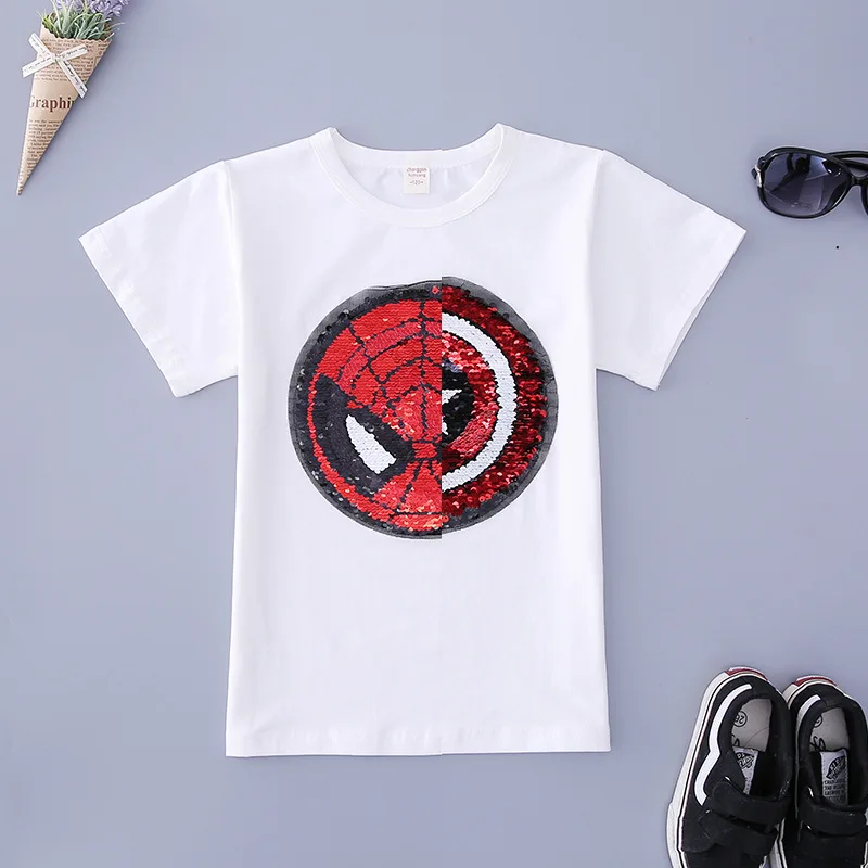 Changing color spiderman Captain America switchable sequins boys T-shirts kid fashion t shirt children tops clothes